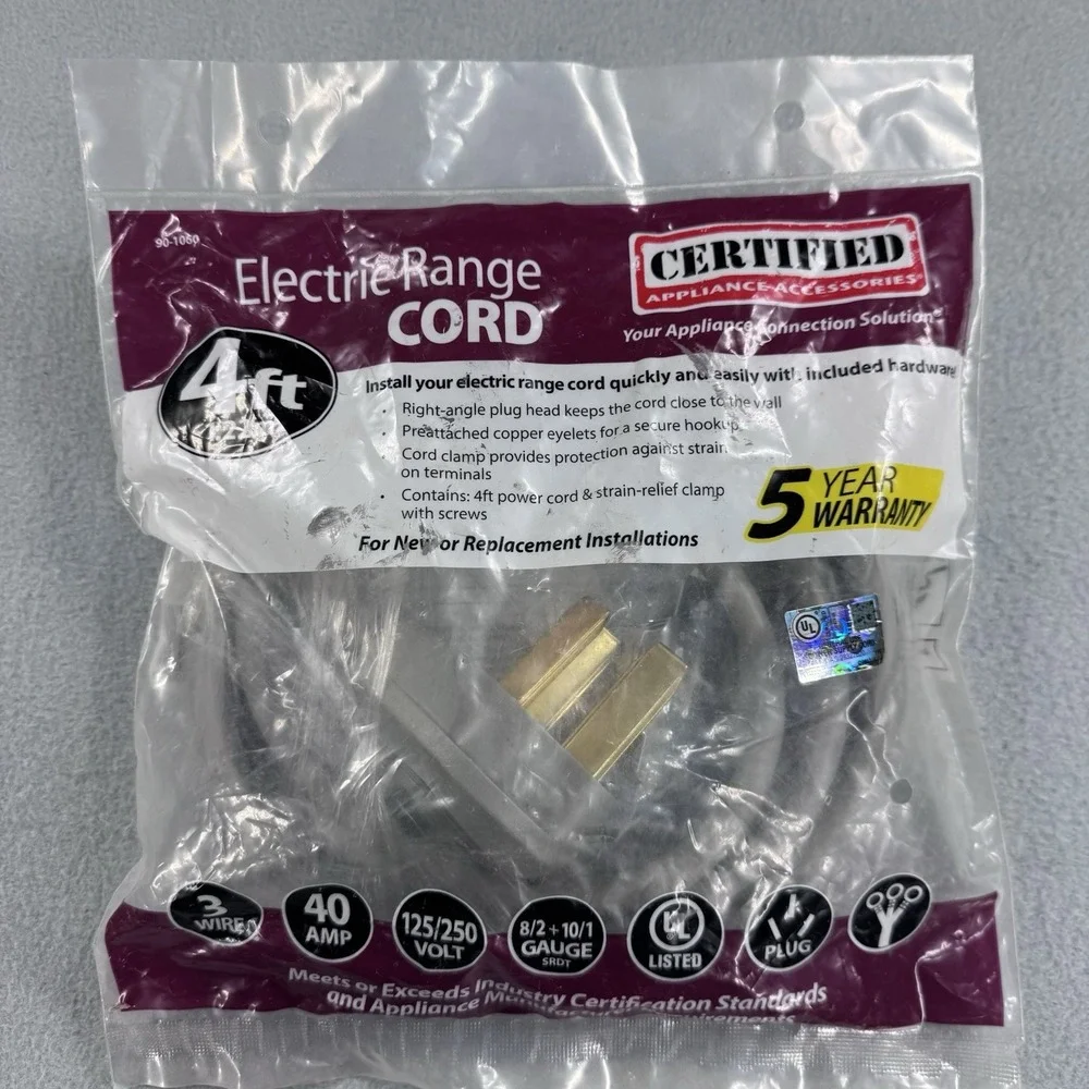 NIB Certified Appliance 40-Amp, 3-Prong Range Power Cord, 4Ft (Closed Loop) Oven